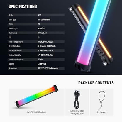 NEEWER Basics 12" Magnetic RGB Light Wand, CRI95 Dimmable 8W LED Handheld Video Tube Lighting Stick with 51 RGB Modes, 2000mAh Battery for YouTube TikTok Camera Streaming Studio Video Recording, SL30