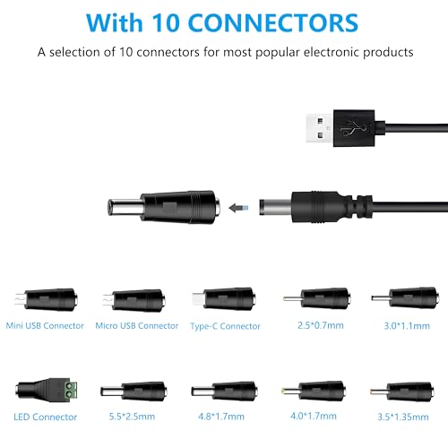 Universal Charger Power Cable, 5V USB to DC 5.5x2.1mm,with 10 Connectors (Micro-USB, Type-C, Mini USB, 2.5x0.7, 3.0x1.1, 3.5x1.35...) for Lamp,Mini Fan, Camera,Mobile Phone, USB Power Bank Charging