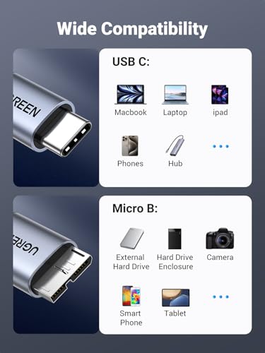 UGREEN 10 Gbps Micro B to USB C Hard Drive Cables, 10FT USB C to Micro B, External Hard Drive Cable Compatible with MacBook Pro/Air, iPad/Tablet, iPhone, Samsung Galaxy S24, WD Seagate etc - size: 10 FT
