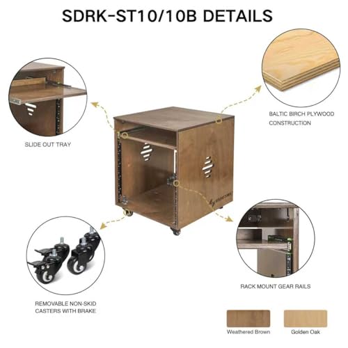 Sound Town 10U Solid Baltic Birch Plywood Studio Rack Desk with Slide-Out Tray, Rubber Feet, Casters, for Recording, Podcasts, Broadcasts, Streaming, Weathered Brown (SDRK-ST10B) - size: 10U, Weathered Brown w/ Tray