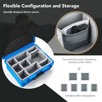 Lykus PVC1 Waterproof Hard Camera Case with Padded Dividers for Cameras, Lenses, Dual DJI Mavic/Air/Mini/Flip drones - color: Blue PVC1