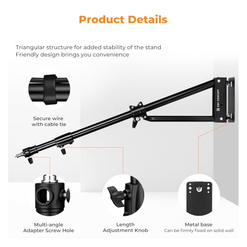 K&F CONCEPT Wall Mount Boom Arm 51"- Rotating Triangle Stand for Ring Light, Softbox, Reflector - Support 180°Flexible Rotation, 33-51in Adjustable Length, 20lbs Heavy Duty with 1/4''&3/8'' Mount - size: 130cm/51.18"