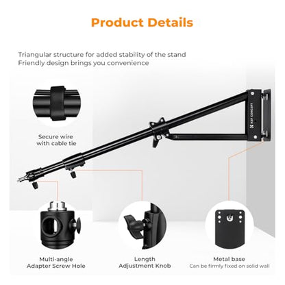 K&F CONCEPT Wall Mount Boom Arm 51"- Rotating Triangle Stand for Ring Light, Softbox, Reflector - Support 180°Flexible Rotation, 33-51in Adjustable Length, 20lbs Heavy Duty with 1/4''&3/8'' Mount - size: 130cm/51.18"