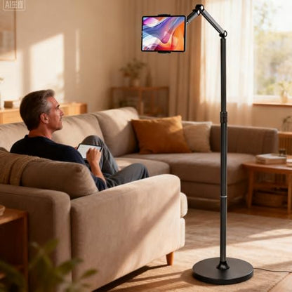 66“ Floor stand articulating arm with adjustable , Minimalist Design, Space-Saving, Highly Flexible,For Watching/Stream/Recording ON Bed&Couch, for iPad Pro 12.9”/Kindle/iPhone,4.5-13” Tablet/Phone