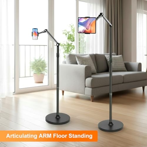 66“ Floor stand articulating arm with adjustable , Minimalist Design, Space-Saving, Highly Flexible,For Watching/Stream/Recording ON Bed&Couch, for iPad Pro 12.9”/Kindle/iPhone,4.5-13” Tablet/Phone