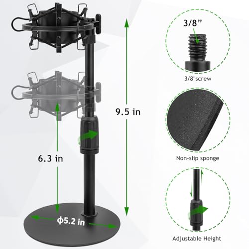 Upgraded AT2020 Desktop Mic Stand, Adjustable Mic Stand Desk with Shock Mount and Foam Windscreen for Audio Technica AT2020 AT2020USB+ AT2035 ATR2500 Condenser Mic
