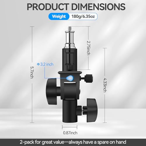 WELLMAKING 2PCS U Shape Tilt Adapter Swivel Mount Umbrella Holder Light Stand with Standard 1/4 to 3/8 inch Metal Male Screw Adapter Spigot Stud for Studio Light Stand, Hotshoe/Coldshoe Adapter