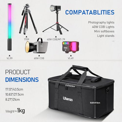 ULANZI Carrying Bag with Movable Foam Padded for Studio Light, Light Stands, Mini Softboxes, Durable Oxford Cloth Transit Bag Travel Case with Shoulder Strap & Handle, 17.13'' x 10.83'' x 8.27'',OM-01