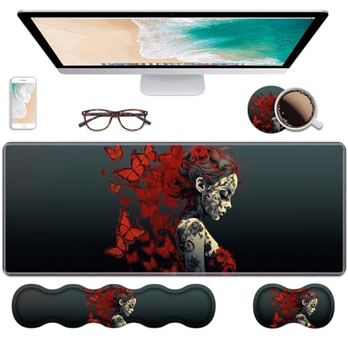 Ergonomic Keyboard Wrist Rest & Mouse Pad Wrist Rest Set, Large Gaming Desk Mat 31.5"x 11.8" with Non-Slip Base, Memory Foam, Easy Typing Pain Relief for Home & Office, Tattooed Girl and Red Butterfly - color: Tattooed Girl and Red Butterfly