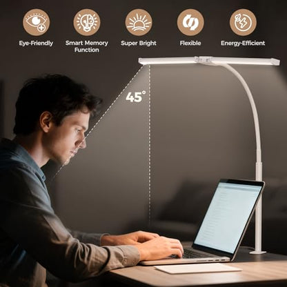 Voncerus LED Desk Lamp for Home Office, Double Head Architect Light with Clamp, Computer Monitor Clip on Light, 3 Modes and 10 Brightness, Adjustable Flexible Goose-Neck, Table Task Lamp, White - color: White Pro