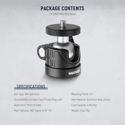 NEEWER Basic Mini Ball Head, Portable Tripod Head Camera Mount Adapter with 1/4" Screw for Compact DSLR Action Cam Phone LED Ring Light Monopod Slider, 4.4lb Max Load, 360° Swivel & 90° Tilt, GM01 - style: GM01