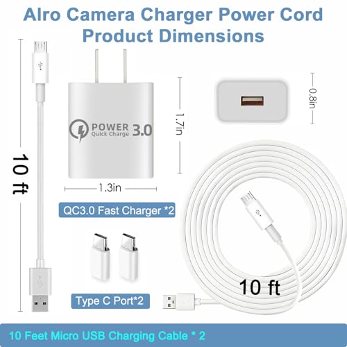 2 Pcs 10ft QC3.0 Fast Charger for Arlo Pro/Pro2 Camera, Charging Power Cable Cord for Arlo, Q, GO, Essential Spotlight XL/XL 2nd, Ring Stick Cam,Wyze Cam Pan v3 v2, Blink, Yi Home, Kasa,eufy