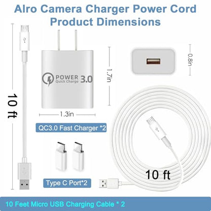 2 Pcs 10ft QC3.0 Fast Charger for Arlo Pro/Pro2 Camera, Charging Power Cable Cord for Arlo, Q, GO, Essential Spotlight XL/XL 2nd, Ring Stick Cam,Wyze Cam Pan v3 v2, Blink, Yi Home, Kasa,eufy