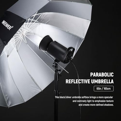 NEEWER 65"/165cm Parabolic Reflective Umbrella Photography with Silver Inner, Soft Lighting with Diffuser Cover, Bag, Quick Fold for Camera Photo Studio Video Light Shooting Monolight Flash, NS3U - color: Silver, size: 65"