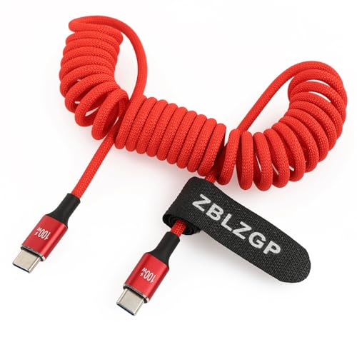 USB C to USB C Cable 100W Coiled, PD Fast Charging, 10Gbps Data, for MacBook Pro 16”, Canon R5C, Sony FX3, Atomos Ninja V+ - color: Red Braided, style: 100W