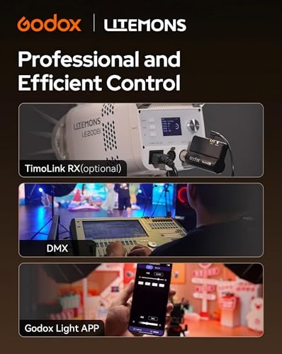 Godox LE200Bi Bi-Color LED Light, 220W GODOX Light All Metal Body,CRI/TLCI98+, CCT 2800K-6500K/11 FX Effects/Bowens Mount/Whisper-Quiet Fan, App/DMX/NFC/CRMX Control, for Video, Streaming & Studio