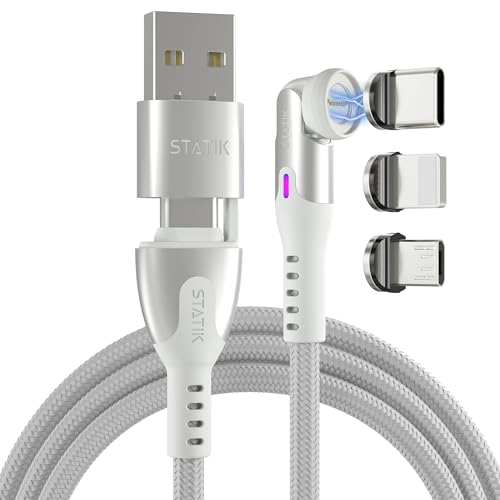 Statik 360 Pro Magnetic Charging Cable - Type C Charger Fast Charging 3 in 1 USB C to USB C Cable, Micro USB & iProduct Tips, USB A Adapter, Compatible w/All Devices - 100W Fast Charger, White 6FT/2M - color: White, size: 6FT