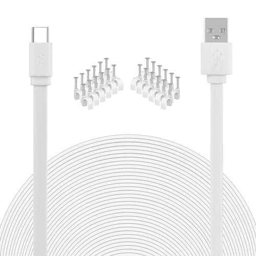 USB to USB C Cable for Security Camera Type C Charging Cord 33FT/10M Flat Long Power Supply Extension Wire Compatible with Yi Home CCTV Cam Outdoor Indoor Waterproof White……