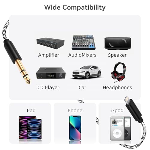 [MFi Certified] Lightn ing to 1/4 inch Audio TRS Stereo Cable, 6.6FT Light ning to 6.35mm inch Adapter, Compatible with i-Pad, i-Phone 14/13/12/Pro, for Amplifier,Speaker,Mixer[NOT for Recording] - size: 6.6FT