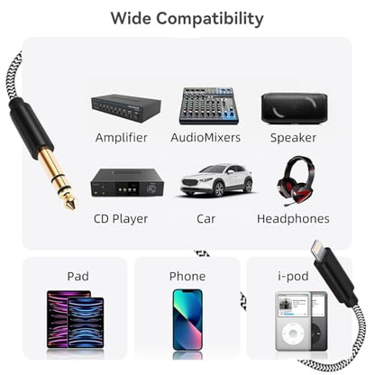 [MFi Certified] Lightn ing to 1/4 inch Audio TRS Stereo Cable, 6.6FT Light ning to 6.35mm inch Adapter, Compatible with i-Pad, i-Phone 14/13/12/Pro, for Amplifier,Speaker,Mixer[NOT for Recording] - size: 6.6FT