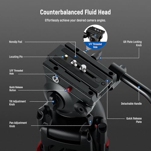 NEEWER Basic 74" Video Tripod with Fluid Head , Metal Camera Tripod with Smooth Friction Damping, Mid Level Spreader, Quick Release Plate Compatible with Manfrotto 501, Max Load 17.6lb, TP37 - style: TP37