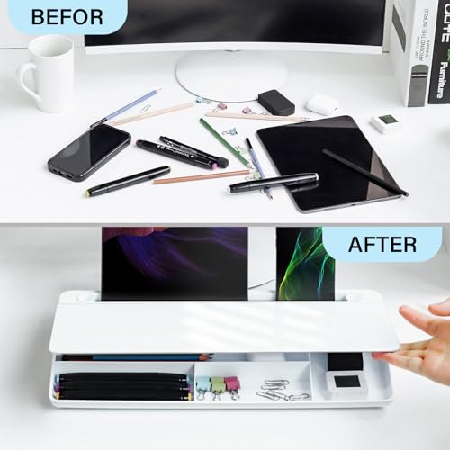 Glass Desktop Whiteboard with Storage 15" x 7" Desk Dry Erase Board with Marker & Eraser Compact Desk Organizer Computer Keyboard Stand Desk Board Buddy for Office, Home, School