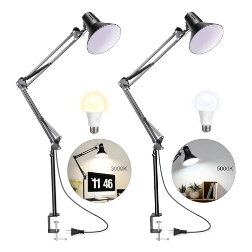 2 Pack LED Desk Lamp With Clamp for Office Home, Eye-Caring Desk Light with 360°Adjustable Extra Tall Metal Swing Arm, High Intensity Clamp w/A19 E26 Bulb for Working Reading, Table Lamps White/Warm - color: Black, size: 2pack5000K and 3000K--Extra Long S