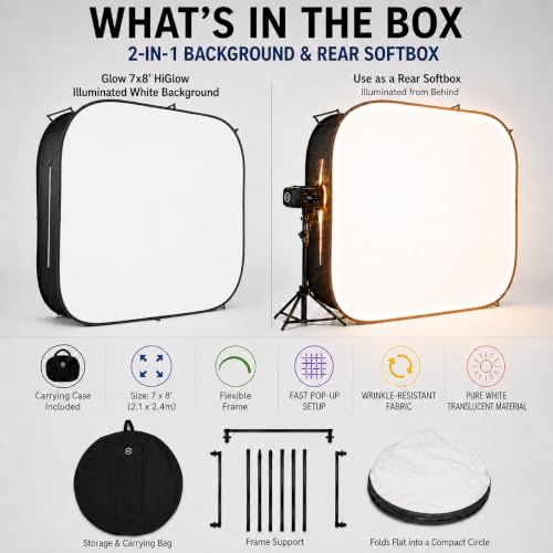Glow 7 x 8 ft Illuminated White Photography Background, 2-in-1 White Backdrop & Rear Softbox for High-Key Portraits, Product Photos & Video, Carry Bag, 1-Year Limited Warranty - size: 7 x 8 ft