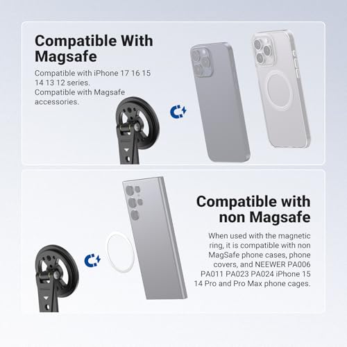 NEEWER Magnetic Phone Tripod Mount Compatible with MagSafe iPhone Samsung, Metal Adjustable Rotatable Cellphone Holder Adapter w/Cold Shoe for Tripod Mounting Camera Monitoring Video Recording, DS031