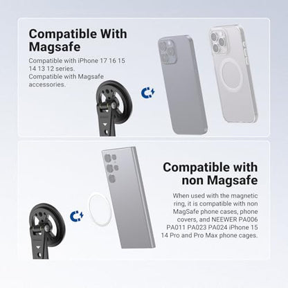 NEEWER Magnetic Phone Tripod Mount Compatible with MagSafe iPhone Samsung, Metal Adjustable Rotatable Cellphone Holder Adapter w/Cold Shoe for Tripod Mounting Camera Monitoring Video Recording, DS031