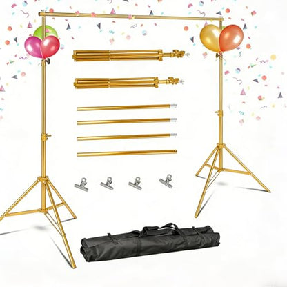 6.5 x 10ft Adjustable Backdrop Stand Kit,Heavy-Duty Photography Background Support System with Clamps & Carry Bag,Photo Video Studio Backdrop Stand for Parties,Weddings,Green Screen & Banner Display - color: Gold