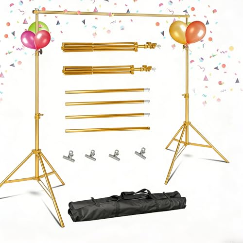 6.5 x 10ft Adjustable Backdrop Stand Kit,Heavy-Duty Photography Background Support System with Clamps & Carry Bag,Photo Video Studio Backdrop Stand for Parties,Weddings,Green Screen & Banner Display - color: Gold
