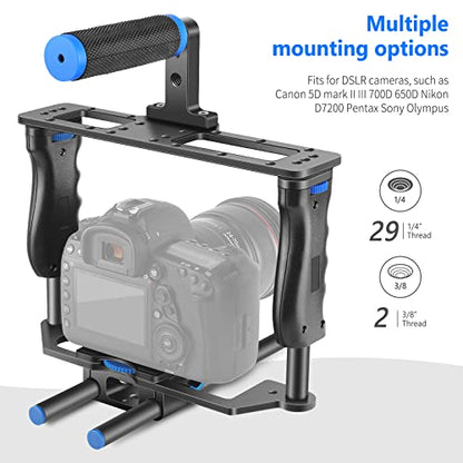 NEEWER Camera Video Cage Film Movie Making Kit, Aluminum Alloy with Top Handle, Dual Hand Grip, Two 15mm Rods, Compatible with Canon Sony Fujifilm Nikon DSLR Camera and Camcorder (Black + Blue) - style: CG-MF Blue
