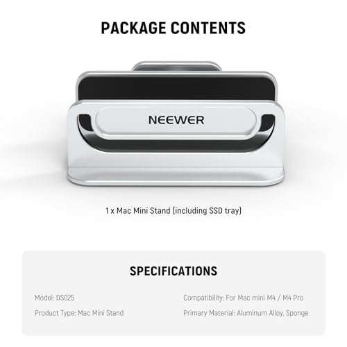 NEEWER Basics Mac mini Stand with SSD Holder, Aluminum Alloy PC Slot Upright Rack Dock Desk Mount Computer Accessories Compatible with Apple Mac mini with M4 or M4 Pro Chips, DS025 - style: DS025