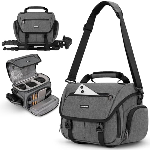 RAINSMORE Camera Bag, DSLR/SLR/Mirrorless Camera Sling Bag for Photographers Waterproof Small Camera Case with Tripod Holder & Rain Cover Camera Crossbody Bag for Canon/Nikon/Sony/Fuji, Grey - color: Grey