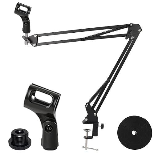 Boom Arm Microphone Mic Stand, Flexible Long Arm Clamp Clip Stand with Mount Clamp, Mic Holder with 3/8'' 5/8'' Thread Cable Ties Metal Base, for Podcast, Rotatable Foldable Adjustable - BLACK