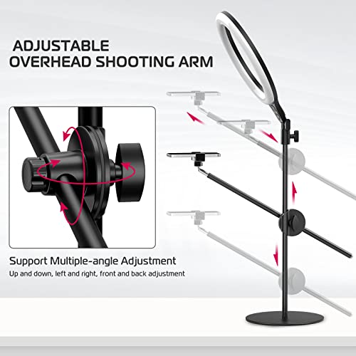 ULANZI [Upgraded Base] Overhead Tripod for Phone with 10 Selfie Ring Light, Phone Stand for Filming 3500k-6500K Dimmable, Ring Light Phone Holder for Video Recording, Live Stream, Portrait，Makeup