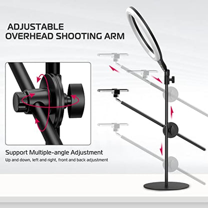 ULANZI [Upgraded Base] Overhead Tripod for Phone with 10 Selfie Ring Light, Phone Stand for Filming 3500k-6500K Dimmable, Ring Light Phone Holder for Video Recording, Live Stream, Portrait，Makeup