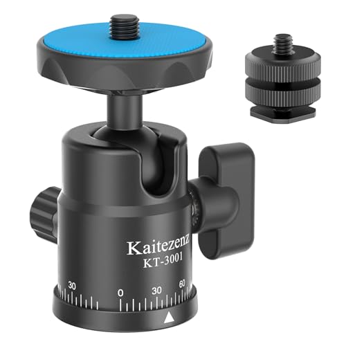 Kaitezenz Mini Ball Head, Panoramic Camera Tripod Head with 1/4" Screw and Dual Hot Shoe Mount, 360 Rotatable Metal Adapter for DSLR Camera Tripods Monopods Camcorder Light Microphone, Max Load 5.5lbs