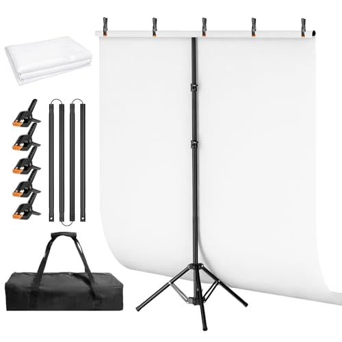 White Backdrop Stand Kit 5x6.5ft with T-Shaped Stand, White Screen Background with Reverse Folding Base Portable Carrying Bag and 5 Clamps for Photography Streaming, Gaming, Video Recording - color: white