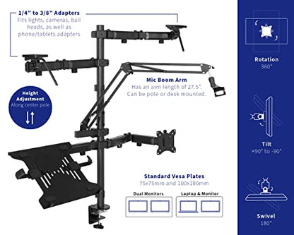 VIVO All-in-One Computer Studio Desk Mount, Mic Boom, Dual Monitor Mount up to 32 inches, Laptop Stand, Livestream Arms Compatible with Cameras, Lighting, Phone/Tablet Adapters, STAND-LIVE2L