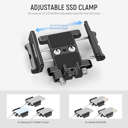 NEEWER Mount Bracket SSD Holder with Cold Shoe Cable Clamp, 1.6"-2.6" for Samsung T5 T7 SSD SanDisk Compatible with SmallRig Cage for BMPCC 4K 6K Compatible with iPhone 15 Pro Max Phone Cage, UA035 - style: UA035
