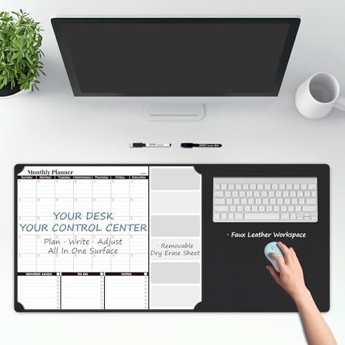 JJPRO Dual-Layer Black Dry Erase Desk Mat,Large Multi-Use Dry Erase Desk Calendar,Dry Erase Desk Pad,Double-Sided Faux Leather Desk Pad,Reusable Large Mouse Pad for Office, Home-16"x34" - color: Black