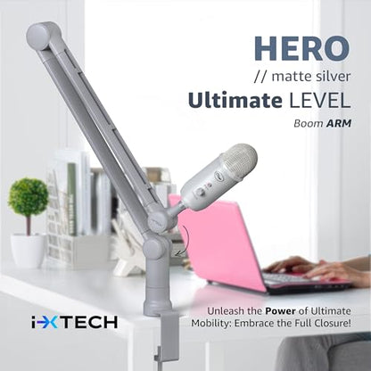 IXTECH Boom Arm - Adjustable 360° Rotatable Microphone Sturdy Stainless Steel Mic Desk, Table Stand Foldable Scissor Stable Mount Arms for Radio Studio, Podcast, Gaming (MATTE SILVER) - color: Matte Silver