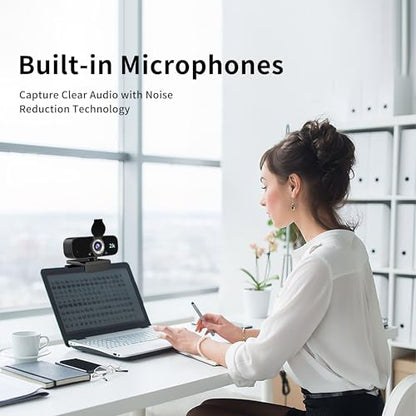 2K Webcam for Computer, USB Plug&Play, Auto Low Light Correction, Privacy Cover, Tripod, Wide Angle for Meeting/Online Video/Zoom, Web Cam with Microphone
