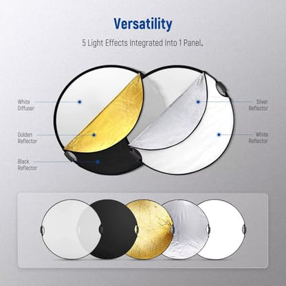 REFLEX CAMERA 5-in-1 Collapsible Photography Reflector Kit, 110cm (43") Round with Dual Handles, Silver, Gold, White, Black & Translucent Surfaces, Portable Light Modifier with Carry Bag - size: 110cm/43"
