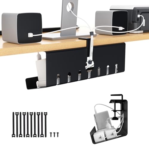 Syeeiex 17" Under Desk Cable Management Tray, No-Drill C-Clamp & Screw Mount, Heavy Duty Metal Cord Organizer with Cable Ties, for Office Home Workspace, Black - color: Black, size: 17"