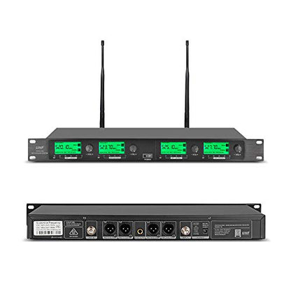 Wireless Microphone System Pro UHF 4 Channel 4 Lavalier Bodypacks 4 Lapel Mic 4 Headsets for Karaoke System Church Speaking Conference Wedding Party