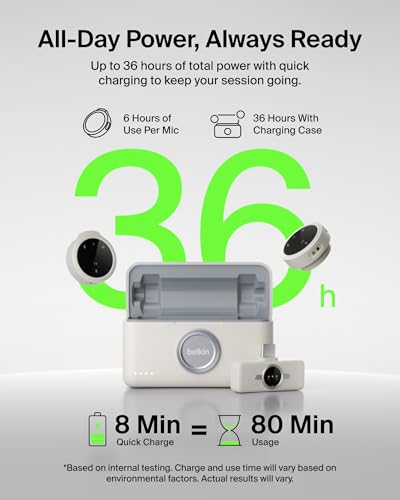 Belkin Stage Wireless Mini Microphone, Wearable Clip On Magnetic Mics for iPhone 17/16/15, Android, 24-bit/48 kHz, Noise Reduction, Dual Lavalier Microphone for YouTube, Vlogging, 36H Battery - style: Microphone