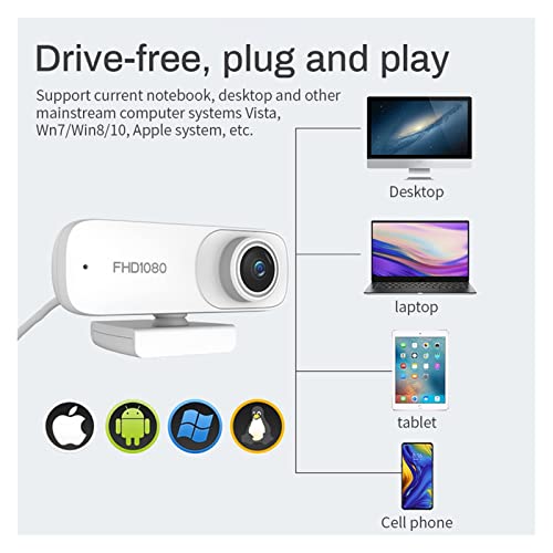 Autofocus 1080P Webcam Cover HD Web Camera with Microphone for Computer Laptop PC Camera for Video Meeting Streaming for Business Meetings (Color : White)